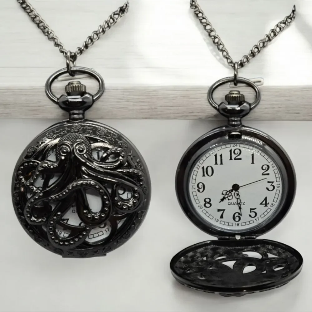 Kraken Octopus Pocket Watch Black Steampunk Pirate Nautical Quartz Chain Vintage